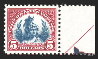 573a, $5.00 Carmine lake and dark blue, right sheet-margin partial arrow single, especially well centered, strong rich colors, o.g., n.h., extremely fine 2005 PSE certificate
(XF-Superb 95 SMQ $760.00).