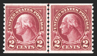 599, 599A, 2c Carmine coil, Ty. I and Ty. II combination joint line pair, a magnificent pair of this, possessing sensational freshness and incredibly intense color,
extraordinarily well centered, o.g., n.h., extremely fine as fine a combination