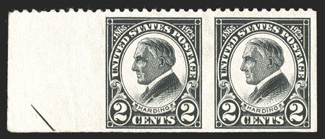 610a, 2c Harding, flat plate printing, horizontal pair, imperforate vertically, an extremely rare example of this error, being a left sheet margin partial arrow example with
natural straight edge at bottom, strong color, o.g., mild crease as usu