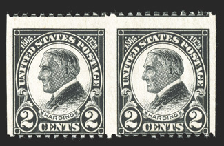 610a, 2c Harding, flat plate printing, horizontal pair, imperforate vertically, another example of this rare error, strongly centered to bottom as are all known genuine pairs,
o.g., usual light crease, fine 1992 PF certificate for a block of fo
