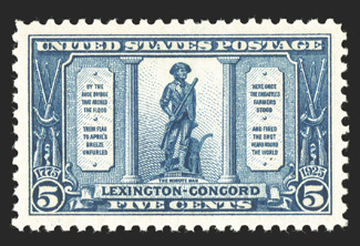 619, 5c Lexington-Concord, beautifully centered within large margins, strong color, o.g., n.h., extremely fine 2008 PSE certificate (Superb 98 SMQ $320.00).