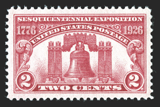 627, 2c Sesquicentennial Exposition, lavishly large and perfectly balanced margins all around, intense vibrant color, o.g., n.h., an extremely fine gem 2009 PSE certificate
(Superb 98 Jumbo SMQ $190.00 for 98).
