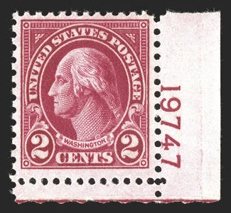 634A, 2c Carmine, Ty. II, bottom right corner margin plate no. 19747 single, vibrant color, o.g., n.h., very fine and quite choice 1989 PF certificate.