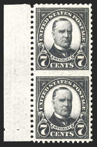 639a, 7c Black, vertical pair, imperforate between, left sheet-margin pair, unusually well centered, deep color, o.g., n.h., extremely fine among the finest quality examples
available of this scarce error 1989 PF certificate.