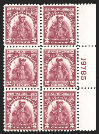 657a, 2c Sullivan, lake shade, right margin plate no. 19785 block of six, strong color in this rare shade, o.g., never hinged but with several natural flat plate gum skips,
very fine it is believed only four plate blocks of the Lake shade exi