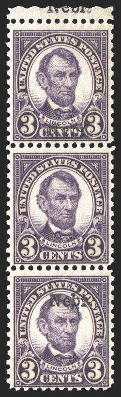 672a, 3c Nebr., vertical pair, one without overprint, top margin strip of three, the middle stamp without the overprint, also an additional overprint in the top selvage, rich
color, o.g., h.r. in the top stamp, very fine an elusive error of t