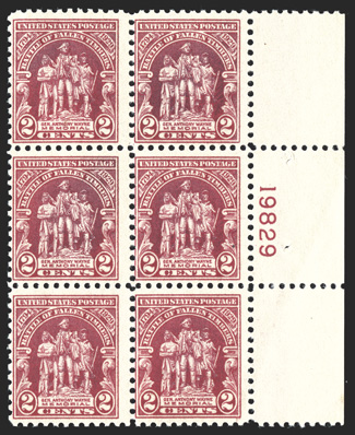 680 var., 2c Battle of Fallen Timbers, carmine lake color, right margin plate no. 19829 block of six, strong color in this distinctive shade, o.g., n.h., with usual gum skips
and bends, fine the carmine lake shade is not listed for this stamp a