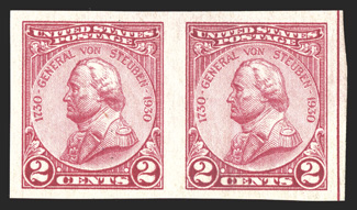 689a, 2c Von Steuben, imperforate, horizontal pair with guide line at right, wonderfully fresh and bright, large margins all around, o.g., lightly hinged, extremely fine a
choice example of this very rare imperforate error only one sheet of 10