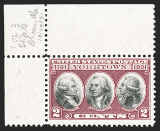 703b, 2c Yorktown, dark lake and black error of color, top left corner sheet-margin single, strong colors, o.g., n.h., few trivial gum skips, a fine example of this scarce
color variety 1989 PF certificate.