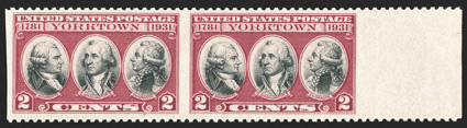 703c, 2c Yorktown, imperforate vertically, right sheet-margin pair, nicely centered, bright fresh colors, o.g., lightly hinged, very fine while one sheet was issued that could
theoretically produce 20 error pairs, the total number of available