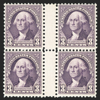 720 var., 3c Deep violet, horizontal pair with gutter between, two such pairs in a block of four, rich color, o.g., lightly hinged, fine-very fine 1991 PF
certificate.