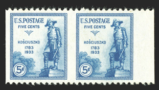 734a, 5c Kosciuszko, horizontal pair, imperforate vertically, a particularly choice example of this rare perforation error, being a right sheet-margin pair, remarkably well
centered and exceptionally fresh, o.g., lightly hinged, extremely fine<