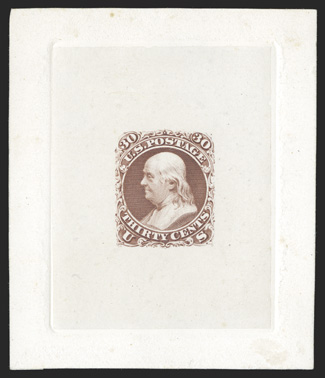 61TC1, 30c Violet brown, large die trial color proof on India, die sunk on 61x73mm card, very fine and rarely offered (now listed as 71-E2a).