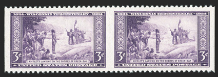 739b, 3c Wisconsin Tercentenary, horizontal pair, imperforate between, select mint pair, being precisely centered within large margins, bright and fresh, o.g., lightly hinged,
extremely fine 1991 PF certificate.