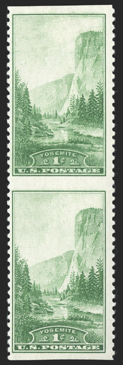 740a, 1c Green National Park, vertical pair, imperforate horizontally, bright and fresh, o.g., top stamp with mild h.r., very fine for this error rarity, of which only 16
examples are known signed S.A. (Spencer Anderson) and accompanied b