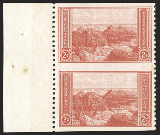 741a, 2c Parks, vertical pair, imperf. horizontally, a highly select left sheet-margin mint example of this elusive error, with only two or three error panes known, exceedingly
well centered, o.g., n.h., extremely fine photocopy of a 1987 PF ce