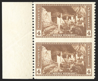 743a, 4c Brown National Parks, vertical pair, imperforate horizontally, a premium quality example of this very rare error, of which only a mere fifteen pairs are known, and of
these six to nine have brown paper adhering to the reverse, this left