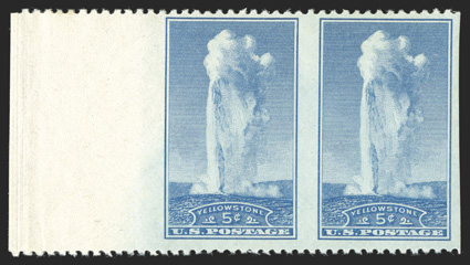744a, 5c Parks, horizontal pair, imperf. vertically, a highly desirable left sheet-margin pair, extraordinarily fresh, nicely centered, pristine o.g., n.h., very fine only two
error sheets were ever found 1964 PF certificate for a block of fou