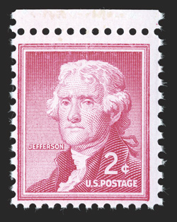 1033a, 2c Carmine rose, on silkote paper, top sheet-margin single, bright and fresh, o.g. n.h., fine 1998 APS certificate for a block of four, this being the top right
stamp.