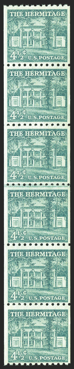 1054A, 1059, 1¼c Turquoise coil with large holes, 4½c Blue green coil with small holes, line strips of six of each, plus a pre-cancelled 1¼c line strip of six (not counted in
catalog value), o.g., n.h., fine-very fine.
