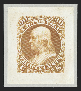 61P2, 30c Red Orange, small die proof on wove, affixed to a neatly cut portion of the Roosevelt album page, large margins, strong color, a few tiny toned specks, very fine (now
listed as 71TC2).