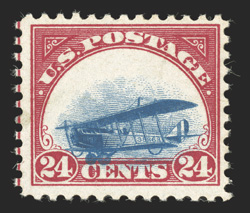C3 var., 24c Carmine and rose, Grounded Plane variety, a wonderfully fresh and choice example of this popular and scarce variety, strong shift of the central vignette into
CENTS inscription, vibrant colors, o.g., lightly hinged, very fine s
