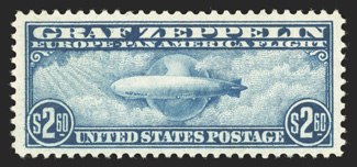 C13-15, 65c-$2.60 Graf Zeppelins cplt., well centered and margined, strong colors, o.g., n.h., very fine-extremely fine a handsome set of this popular air post series each
accompanied by a 1988 PF certificate.
