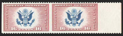 CE2a, 16c Red and blue Air Post Special Delivery, horizontal pair, imperforate vertically, a right sheet-margin example of this extremely rare error, well centered, bright
colors, o.g., never hinged, very fine position numbers 44 and 45 lightly