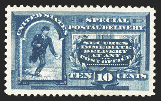 E2, 10c Blue, a sensational jumbo-margined mint example of a stamp seldom encountered with margins of any size, being absolutely perfectly centered within these impressive
borders, strong fresh color on bright paper, o.g., lightly hinged, an ext