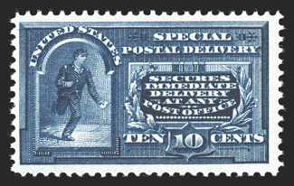 E4, 10c Blue, especially fresh mint single, with intense prooflike color and impression on crisp white paper, o.g., n.h. (trivial gum skip), very fine clear 1991 PF
certificate.