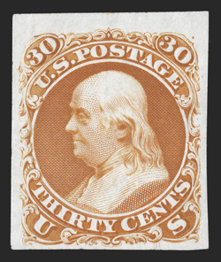 61P3, 30c Deep red orange plate proof in India, large margins all around, intense color on bright white paper, very fine (now listed as 71-E2b).