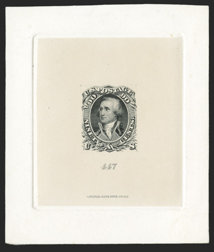 62TC1, 90c Black die essay on India, thin line under bottom center frame, die sunk on 74x87mm card, with National Bank Note Co. imprint and 447 at bottom, fresh and very fine
1992 PF certificate (now listed as 72-E7b).