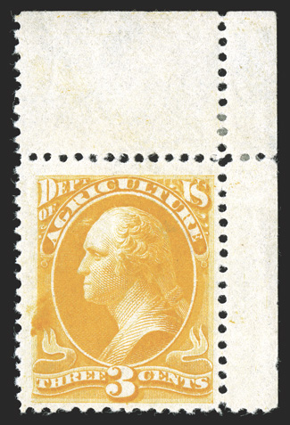 O95, 3c Agriculture, on soft porous paper, top right corner sheet-margin single, nicely centered within wide margins, attractive color, o.g., hinge mark in the selvage may just
barely affect the stamp, very fine 1989 PF certificate (never hinge