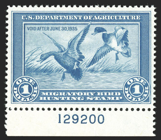 RW1, 1934 $1.00 Blue, a most impressive bottom margin plate no. 129200 mint single, featuring outstanding centering within large margins, sumptuously rich color and a crisp
detailed impression, o.g., n.h., an extremely fine gem an especially ha