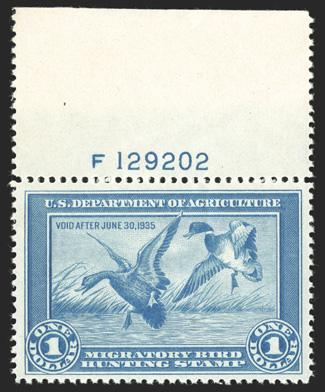 RW1, 1934 $1.00 Blue, top margin plate no. F 129202 single, with extra-large sheet selvage, nicely centered within large margins, strong rich color, o.g., n.h., choice very
fine 1989 PF certificate
