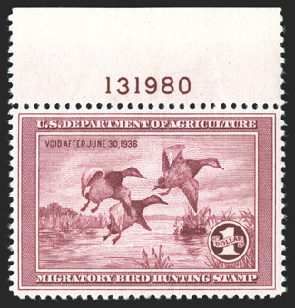 RW2, 1935 $1.00 Rose lake, an especially appealing top margin plate no. 131980 single, remarkably well centered, rich luxuriant color and a strong detailed impression,
unblemished o.g., n.h., an extremely fine gem 1990 PF certificate.