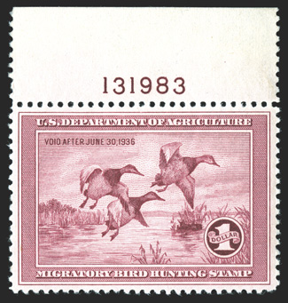 RW2, 1935 $1.00 Rose lake, handsome top margin plate no. 131983 single, exceedingly well centered and margined, fresh color, o.g., n.h., extremely fine 1990 PF
certificate.