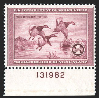 RW2, 1935 $1.00 Rose lake, bottom margin plate no. 131982 single, deep color, o.g., n.h., very fine 1990 PF certificate.