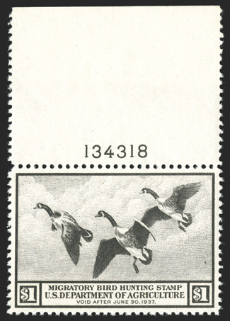 RW3, 1936 $1.00 Brown black, choice quality top margin plate no. 134318 single, extraordinarily well centered, wonderfully bright and fresh, o.g., n.h., extremely fine gem 1989
PF certificate.