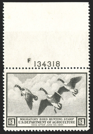 RW3, 1936 $1.00 Brown black, top margin plate no. F134318 single, with extra large sheet selvage, uncommonly well centered within particularly large margins, strong color,
o.g., n.h., extremely fine 1989 PF certificate.