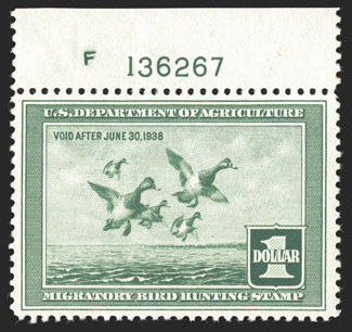 RW4, 1937 $1.00 Light green, top margin plate no. F136267 single, very well centered within large margins, bright color, o.g., n.h., extremely fine.