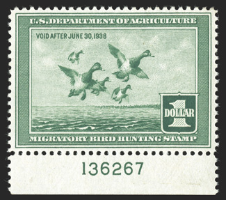 RW4, 1937 $1.00 Light green, bottom margin plate no. 136267 single, excellent centering, rich color, o.g., n.h., extremely fine 1990 PF certificate.