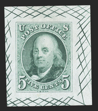 1TC1, 5c Franklin, large die trial color proof in Deep green on India, 28x33mm with cross-hatching, quite fresh, very fine.