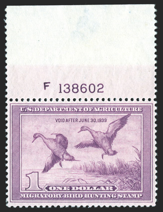 RW5, 1938 $1.00 Light violet, another select example, being a top margin plate no. F138602 single with extra-large selvage, exceptionally well centered, deep color, o.g., n.h.,
extremely fine 1989 PF certificate.
