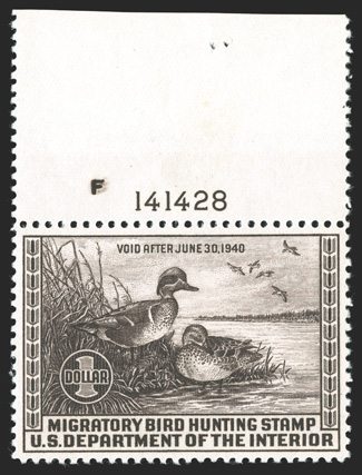 RW6, 1939 $1.00 Chocolate, top margin plate no. F141428 single, flawless centered, strong rich color, o.g, n.h., trivial gum skip and staple hole in top selvage, extremely fine
and choice 1990 PF certificate.