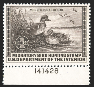 RW6, 1939 $1.00 Chocolate, bottom margin plate no. 141428 single, well centered and margined, bright color, o.g., n.h., extremely fine.