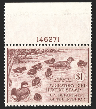 RW8, 1941 $1.00 Brown carmine, gem mint top margin plate no. 146271 single, lavishly large and perfectly balanced margins all around, lovely rich color, pristine o.g., n.h.,
extremely fine a fabulous quality stamp 1990 PF certificate.