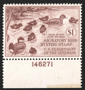 RW8, 1941 $1.00 Brown carmine, a most attractive bottom margin plate no. 146271 single, remarkably well centered and margined, deep color, o.g., n.h., extremely fine 1990 PF
certificate.