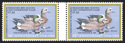 RW51x, 1984 $7.50 Multicolored, special printing for the 50th anniversary, horizontal gutter pair, being positions 25 and 21 from sheet 13, bright and fresh, well centered,
o.g., n.h., extremely fine each with pencil position number on reverse
