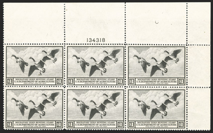 RW3, 1936 $1.00 Brown black, full top right margin plate no. 134318 block of six, well centered and fresh, o.g., n.h., top left stamp with small natural inclusion, very
fine.